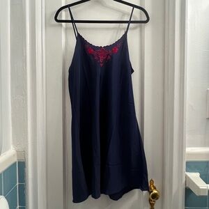 Y2K Vintage Navy and Red Embroidered Silk Slip Dress/Chemise size XXL